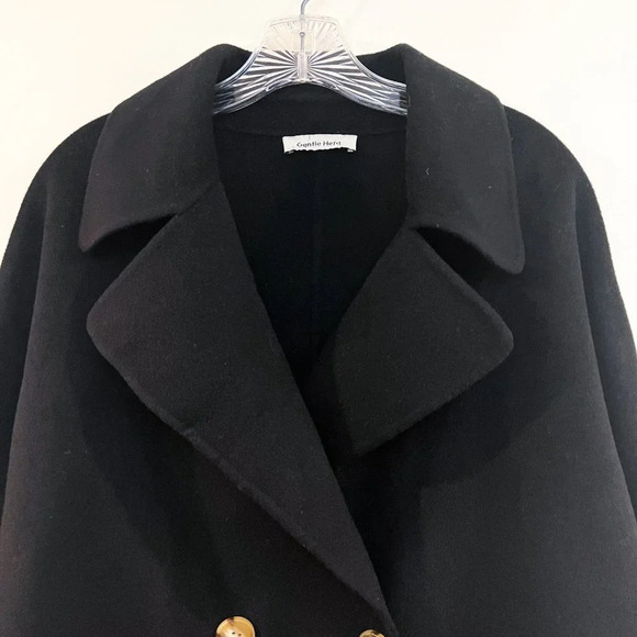 Gentle Herd 100% Wool Black Classic Bohemian Knit Collared Long Trench Coat XL - Picture 6 of 9